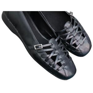 Easy Spirit Black Leather Ballet Flats Low Wedge Silver Buckle Cut out Woven 6.5